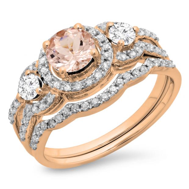 1.40 Carat (ctw) 18K Rose Gold Round Morganite & White Diamond Ladies 3 Stone Halo Bridal Engagement Ring With Matching Band Set