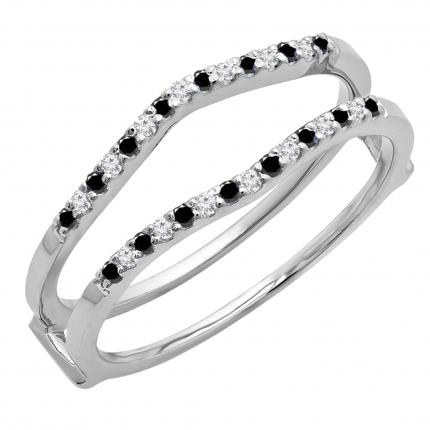 0.18 Carat (ctw) 10K White Gold Round Black & White Diamond Ladies Anniversary Wedding Band Enhancer Guard Double Ring