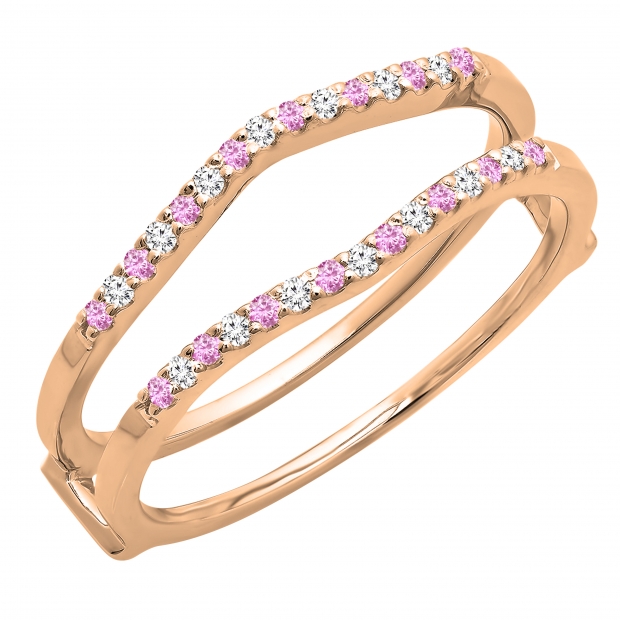 0.18 Carat (ctw) 10K Rose Gold Round Pink Sapphire & White Diamond Ladies Anniversary Wedding Band Enhancer Guard Double Ring