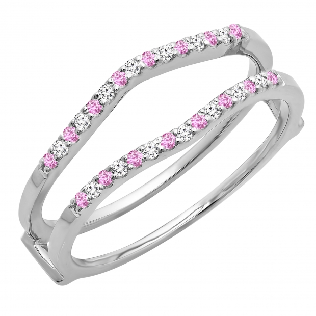 0.18 Carat (ctw) 10K White Gold Round Pink Sapphire & White Diamond Ladies Anniversary Wedding Band Enhancer Guard Double Ring