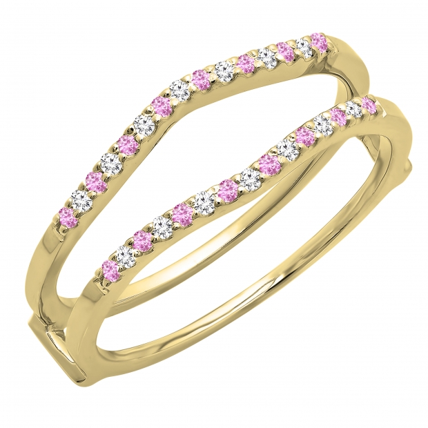 0.18 Carat (ctw) 14K Yellow Gold Round Pink Sapphire & White Diamond Ladies Anniversary Wedding Band Enhancer Guard Double Ring