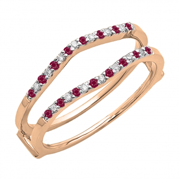 0.18 Carat (ctw) 10K Rose Gold Round Ruby & White Diamond Ladies Anniversary Wedding Band Enhancer Guard Double Ring