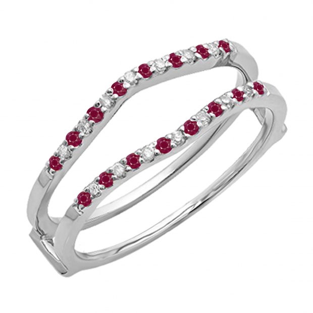 0.18 Carat (ctw) 10K White Gold Round Ruby & White Diamond Ladies Anniversary Wedding Band Enhancer Guard Double Ring