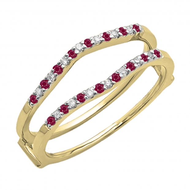 0.18 Carat (ctw) 10K Yellow Gold Round Ruby & White Diamond Ladies Anniversary Wedding Band Enhancer Guard Double Ring