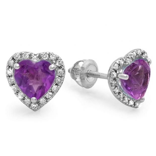 1.60 Carat (ctw) 10K White Gold Heart Shape Amethyst & Round Cut Diamond Ladies Halo Stud Earrings