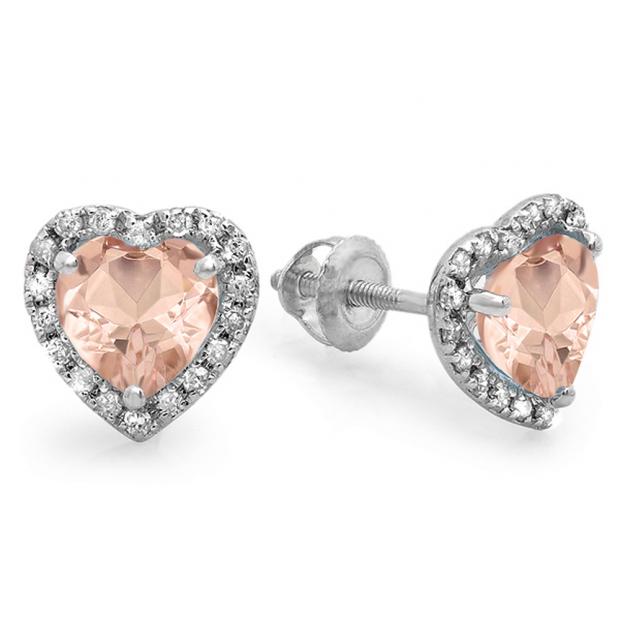 2.25 Carat (ctw) 10K White Gold Heart Shape Morganite & Round Cut Diamond Ladies Halo Stud Earrings