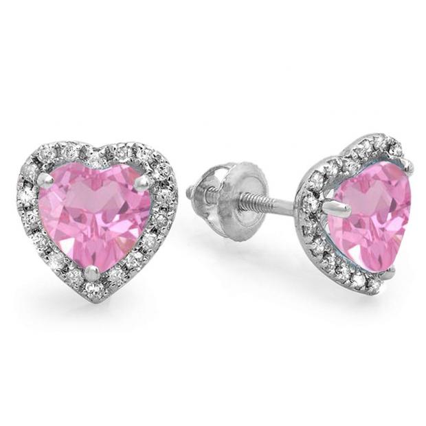 2.25 Carat (ctw) 14K White Gold Heart Shape Pink Sapphire & Round Cut Diamond Ladies Halo Stud Earrings