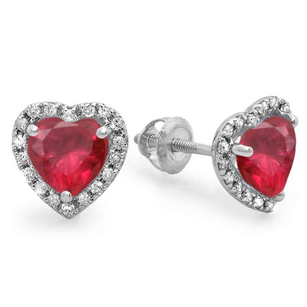 2.25 Carat (ctw) 18K White Gold Heart Shape Ruby & Round Cut Diamond Ladies Halo Stud Earrings