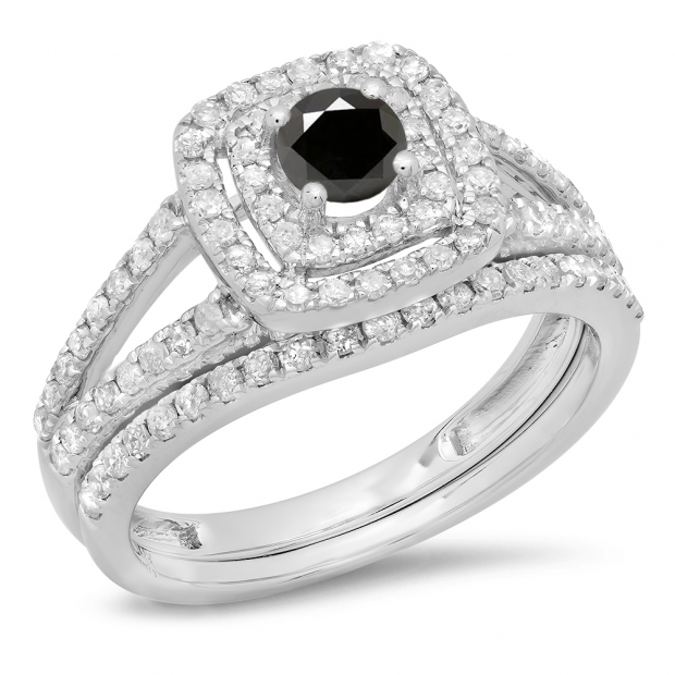 1.00 Carat (ctw) 18K White Gold Round Cut Black & White Diamond Ladies Bridal Split Shank Halo Engagement Ring With Matching Band Set 1 CT