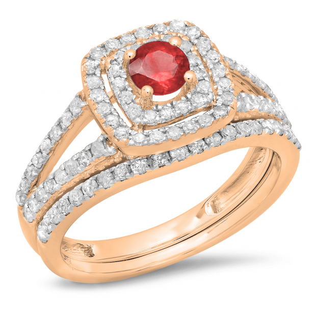 1.00 Carat (ctw) 18K Rose Gold Round Cut Ruby & White Diamond Ladies Bridal Split Shank Halo Engagement Ring With Matching Band Set 1 CT