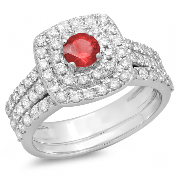 1.50 Carat (ctw) 10K White Gold Round Ruby & White Diamond Ladies Halo Style Bridal Engagement Ring Matching Band Set 1 1/2 CT