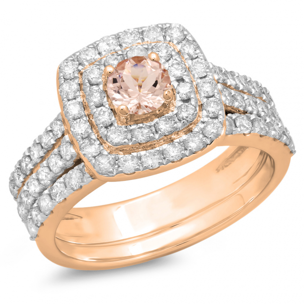 1.50 Carat (ctw) 10K Rose Gold Round Morganite & White Diamond Ladies Halo Style Bridal Engagement Ring Matching Band Set 1 1/2 CT
