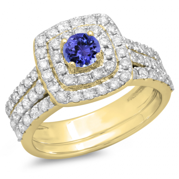 1.50 Carat (ctw) 14K Yellow Gold Round Tanzanite & White Diamond Ladies Halo Style Bridal Engagement Ring Matching Band Set 1 1/2 CT
