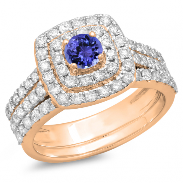 1.50 Carat (ctw) 18K Rose Gold Round Tanzanite & White Diamond Ladies Halo Style Bridal Engagement Ring Matching Band Set 1 1/2 CT