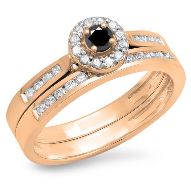 0.50 Carat (ctw) 10K Rose Gold Round Black & White Diamond Ladies Halo Style Bridal Engagement Ring Matching Band Set 1/2 CT