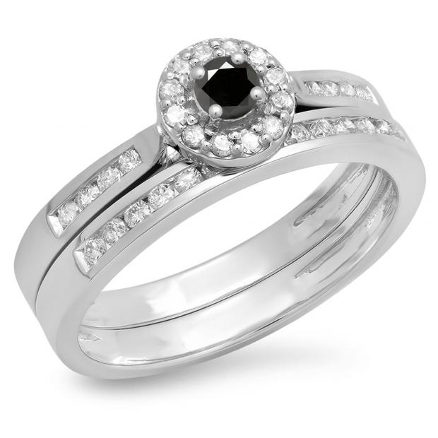 0.50 Carat (ctw) 10K White Gold Round Black & White Diamond Ladies Halo Style Bridal Engagement Ring Matching Band Set 1/2 CT