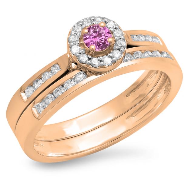 0.50 Carat (ctw) 14K Rose Gold Round Pink Sapphire & White Diamond Ladies Halo Style Bridal Engagement Ring Matching Band Set 1/2 CT