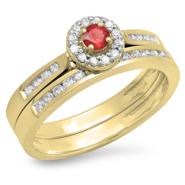 0.50 Carat (ctw) 18K Yellow Gold Round Ruby & White Diamond Ladies Halo Style Bridal Engagement Ring Matching Band Set 1/2 CT