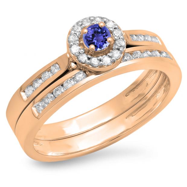 0.50 Carat (ctw) 18K Rose Gold Round Tanzanite & White Diamond Ladies Halo Style Bridal Engagement Ring Matching Band Set 1/2 CT