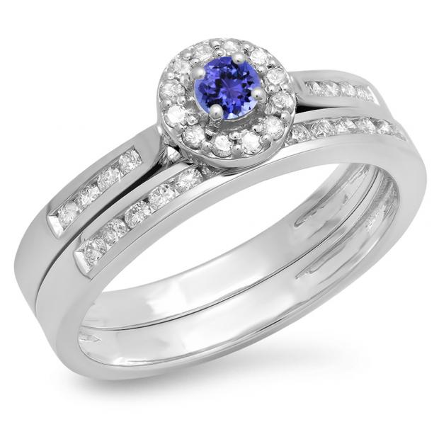 0.50 Carat (ctw) 18K White Gold Round Tanzanite & White Diamond Ladies Halo Style Bridal Engagement Ring Matching Band Set 1/2 CT