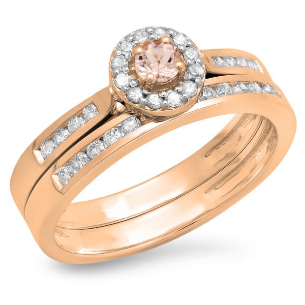 0.50 Carat (ctw) 14K Rose Gold Round Morganite & White Diamond Ladies Halo Style Bridal Engagement Ring Matching Band Set 1/2 CT