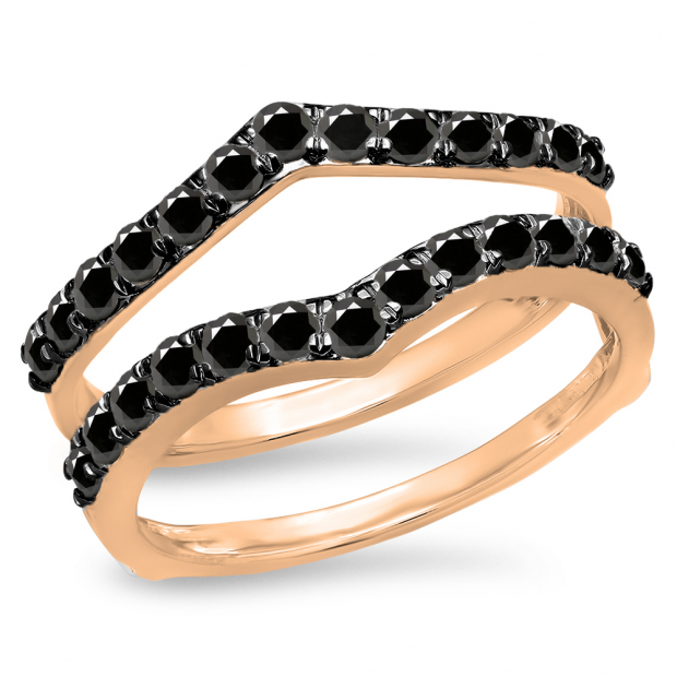0.95 Carat (ctw) 14K Rose Gold Round Black Diamond Ladies Anniversary Wedding Band Enhancer Guard Double Ring 1 CT