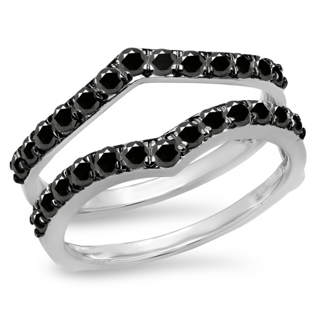 0.95 Carat (ctw) 14K White Gold Round Black Diamond Ladies Anniversary Wedding Band Enhancer Guard Double Ring 1 CT