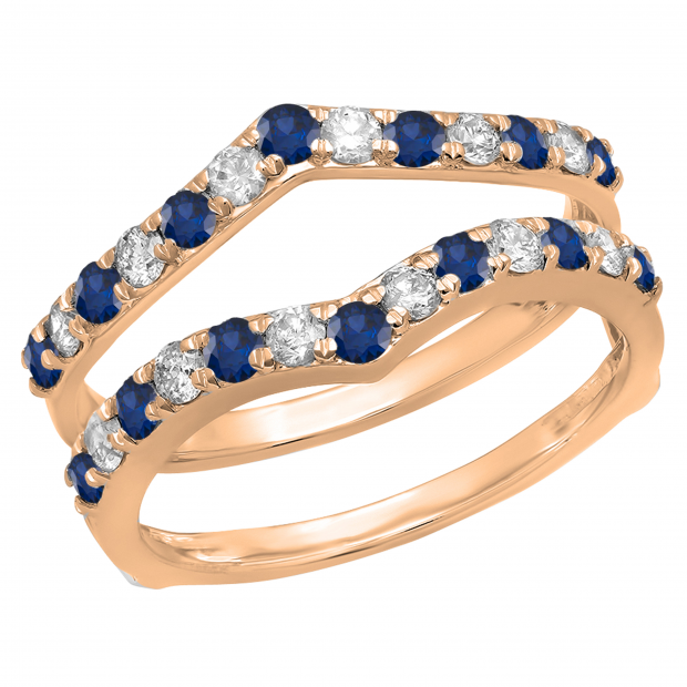 0.95 Carat (ctw) 10K Rose Gold Round Blue Sapphire & White Diamond Ladies Anniversary Wedding Band Enhancer Guard Double Ring 1 CT
