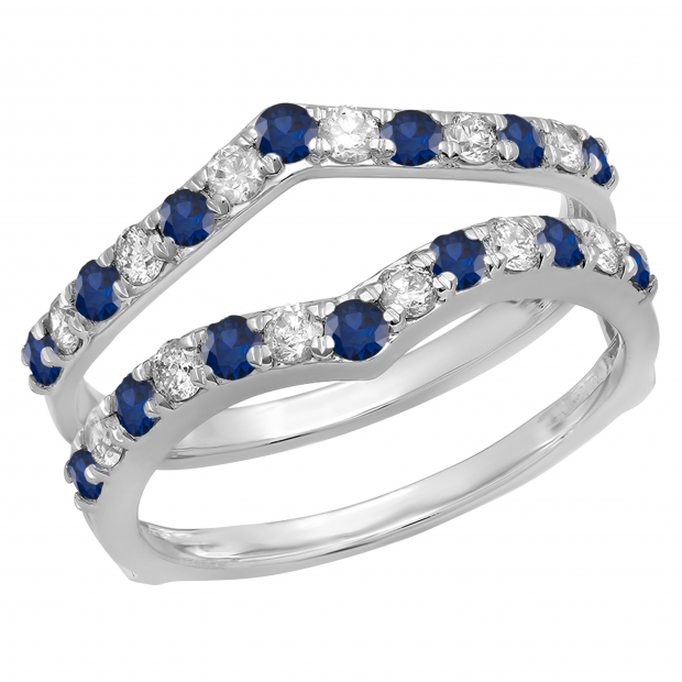 0.95 Carat (ctw) 10K White Gold Round Blue Sapphire & White Diamond Ladies Anniversary Wedding Band Enhancer Guard Double Ring 1 CT