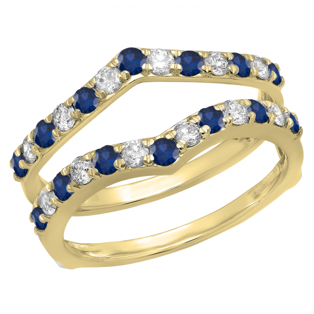 0.95 Carat (ctw) 10K Yellow Gold Round Blue Sapphire & White Diamond Ladies Anniversary Wedding Band Enhancer Guard Double Ring 1 CT
