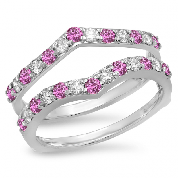 0.95 Carat (ctw) 10K White Gold Round Pink Sapphire & White Diamond Ladies Anniversary Wedding Band Enhancer Guard Double Ring 1 CT