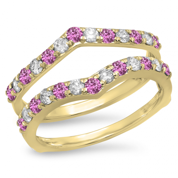 0.95 Carat (ctw) 10K Yellow Gold Round Pink Sapphire & White Diamond Ladies Anniversary Wedding Band Enhancer Guard Double Ring 1 CT