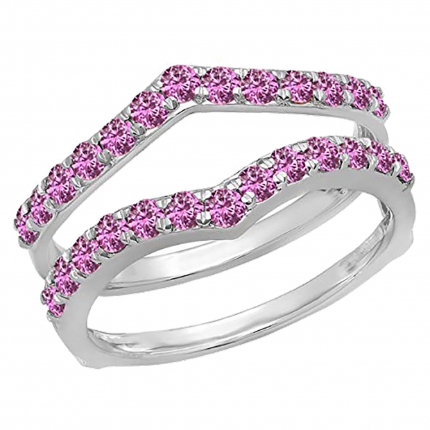 0.95 Carat (ctw) 10K White Gold Round Pink Sapphire Ladies Anniversary Wedding Band Enhancer Guard Double Ring 1 CT