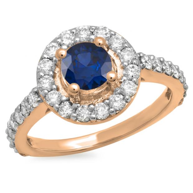 1.00 Carat (ctw) 14K Rose Gold Round Blue Sapphire & White Diamond Ladies Halo Style Bridal Engagement Ring 1 CT