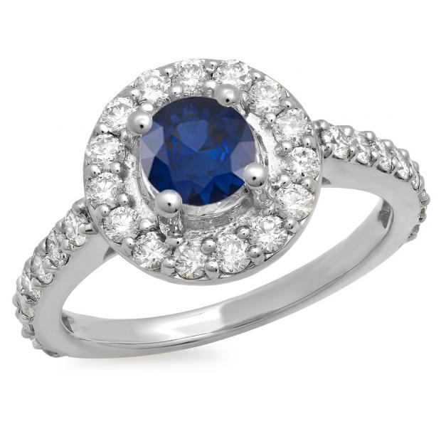 1.00 Carat (ctw) 14K White Gold Round Blue Sapphire & White Diamond Ladies Halo Style Bridal Engagement Ring 1 CT