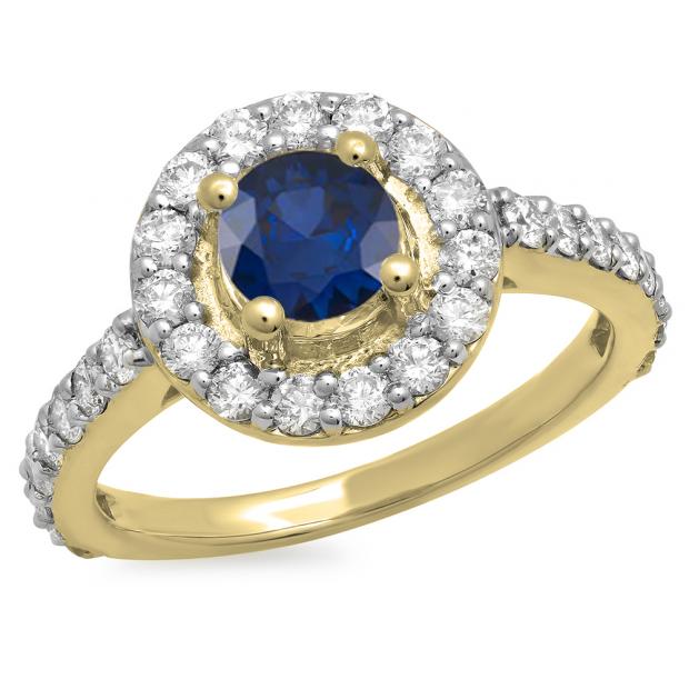 1.00 Carat (ctw) 14K Yellow Gold Round Blue Sapphire & White Diamond Ladies Halo Style Bridal Engagement Ring 1 CT