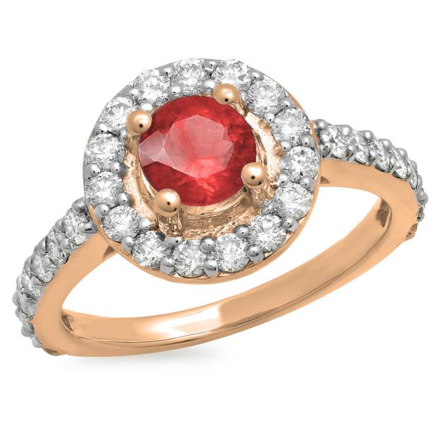 1.00 Carat (ctw) 18K Rose Gold Round Ruby & White Diamond Ladies Halo Style Bridal Engagement Ring 1 CT
