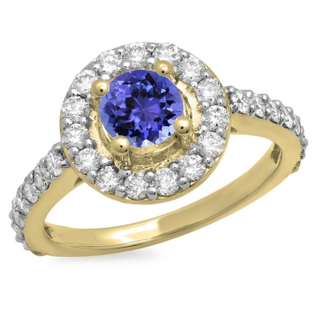 1.00 Carat (ctw) 10K Yellow Gold Round Tanzanite & White Diamond Ladies Halo Style Bridal Engagement Ring 1 CT