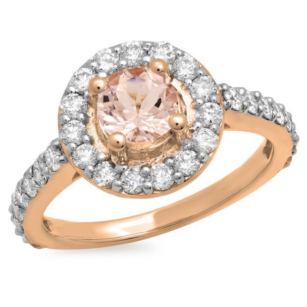 1.00 Carat (ctw) 14K Rose Gold Round Morganite & White Diamond Ladies Halo Style Bridal Engagement Ring 1 CT