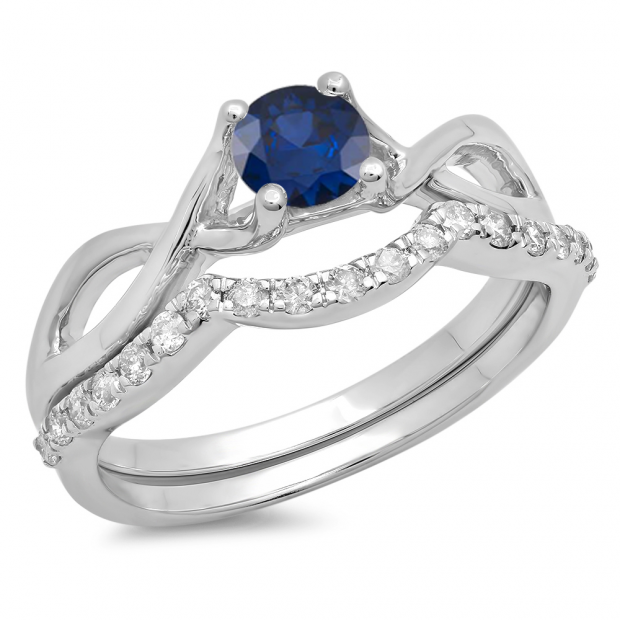 0.80 Carat (ctw) 10K White Gold Round Blue Sapphire & White Diamond Ladies Bridal Split Shank Swirl Engagement Ring Matching Band Set 3/4 CT