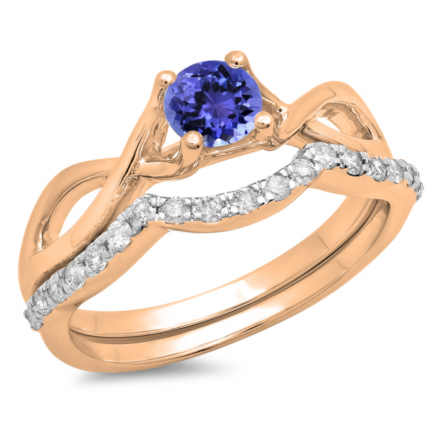 0.80 Carat (ctw) 18K Rose Gold Round Tanzanite & White Diamond Ladies Bridal Split Shank Swirl Engagement Ring Matching Band Set 3/4 CT