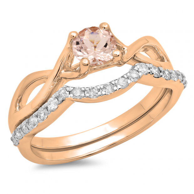 0.80 Carat (ctw) 10K Rose Gold Round Morganite & White Diamond Ladies Bridal Split Shank Swirl Engagement Ring Matching Band Set 3/4 CT
