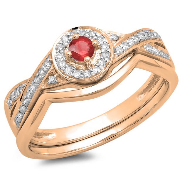 0.30 Carat (ctw) 14K Rose Gold Round Ruby & White Diamond Ladies Bridal Halo Split Shank Engagement Ring Set 1/3 CT