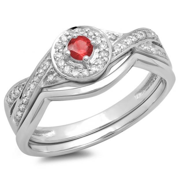 0.30 Carat (ctw) 14K White Gold Round Ruby & White Diamond Ladies Bridal Halo Split Shank Engagement Ring Set 1/3 CT