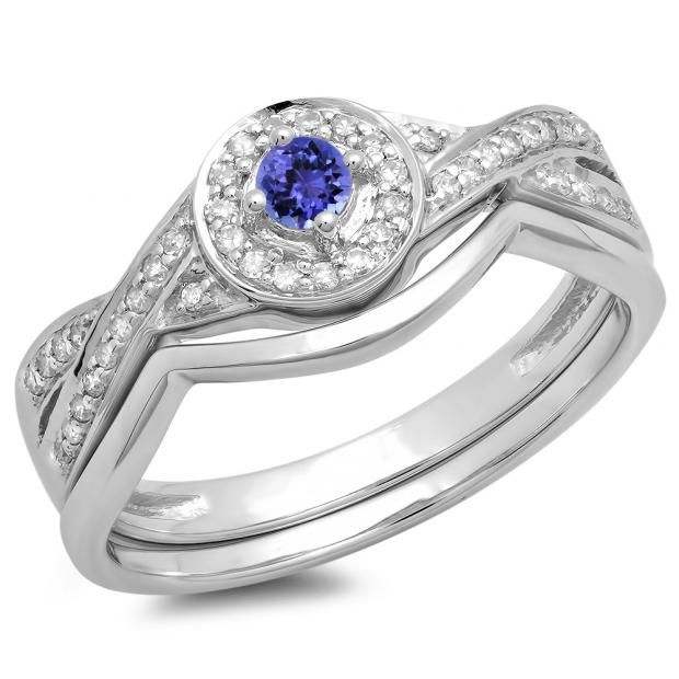 0.30 Carat (ctw) 14K White Gold Round Tanzanite & White Diamond Ladies Bridal Halo Split Shank Engagement Ring Set 1/3 CT