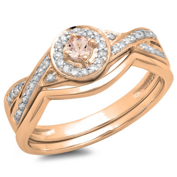 0.30 Carat (ctw) 14K Rose Gold Round Morganite & White Diamond Ladies Bridal Halo Split Shank Engagement Ring Set 1/3 CT