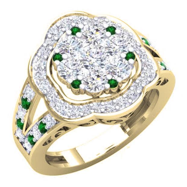 2.00 Carat (ctw) 18K Yellow Gold Round Cut Emerald & White Diamond Ladies Cluster Flower Engagement Ring 2 CT