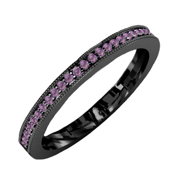 1.25 Carat (ctw) Black Rhodium Plated 18K White Gold Round Amethyst And Black Diamond Ladies Split Shank Halo Style Bridal Engagement Ring Set With Matching Band 1 1/4 CT
