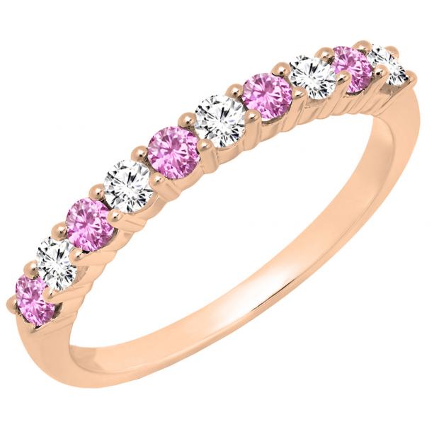 18K Rose Gold Round Cut Pink Sapphire & White Diamond Ladies Stackable Anniversary Wedding Band