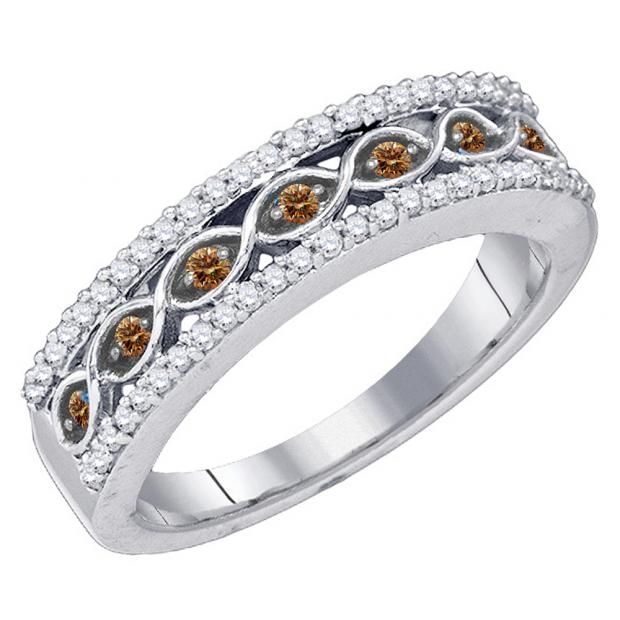 0.45 Carat (ctw) 10K White Gold Round Cut Champagne & White Diamond Ladies Vintage Style Anniversary Wedding Band 1/2 CT